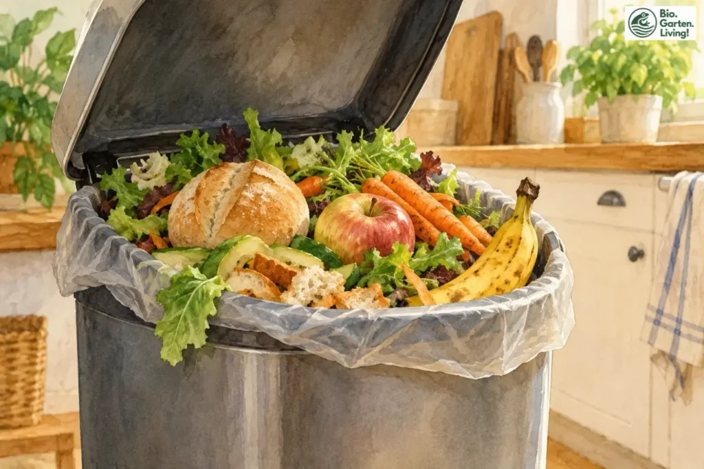 Offener Mülleimer mit weggeworfenem Brot, Apfel, Banane, Möhren und Salat.