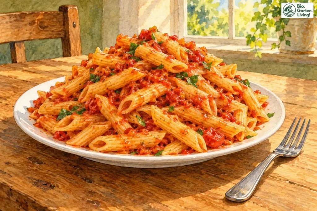 Großer Teller mit einer sehr üppigen Portion Nudeln in Tomatensoße.