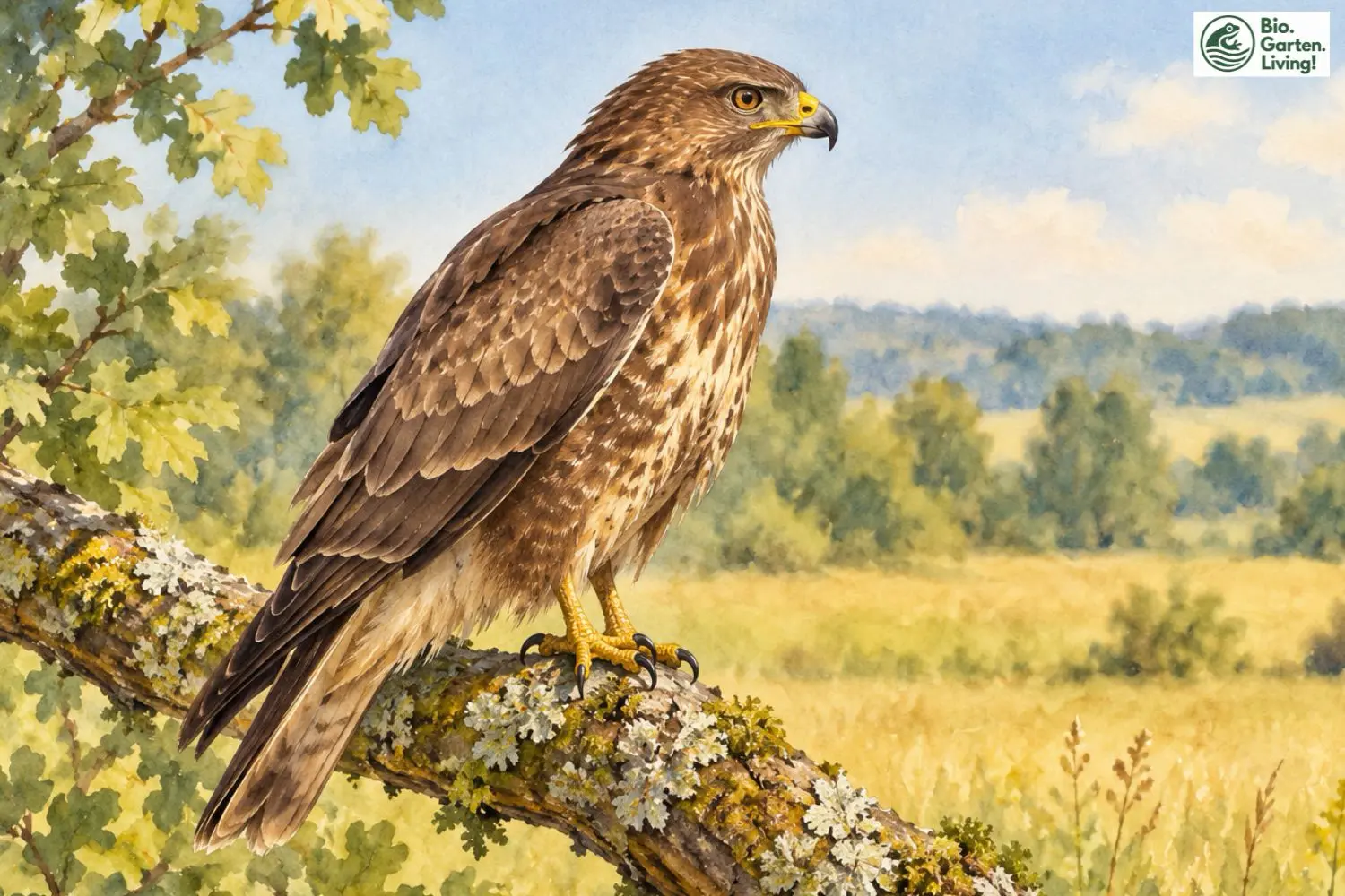 Mäusebussard sitzt auf einem Ast vor einer offenen Landschaft.