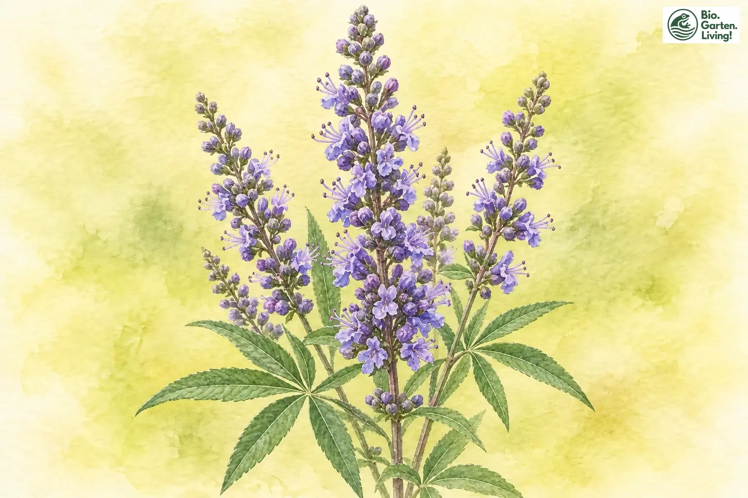 Aquarell des Mönchspfeffers mit violetten Blütenrispen und handförmigen Blättern