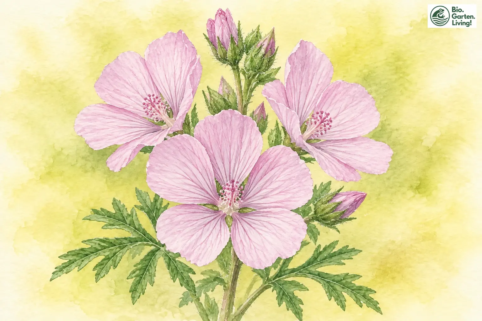 Aquarell der Moschusmalve mit hellrosa Blüten und fein gezeichneten Blütenadern