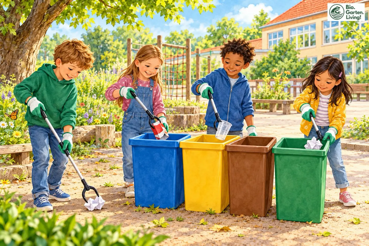 Kinder sammeln und trennen Müll auf dem Schulhof