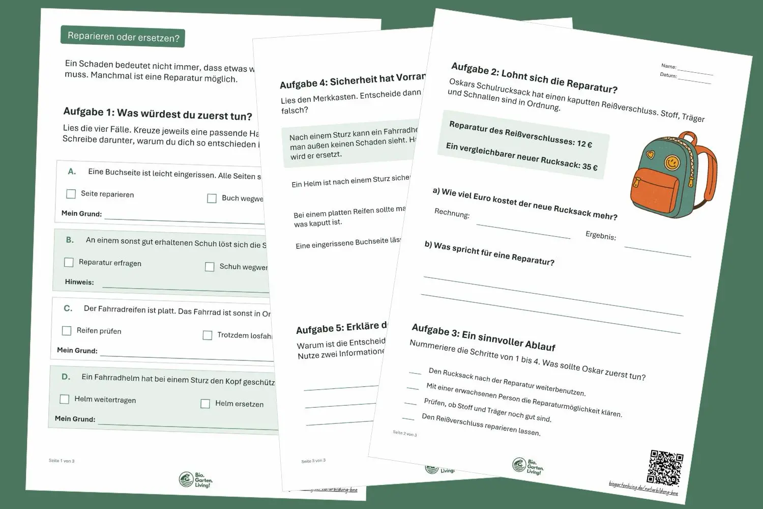 Vorschau auf das dreiseitige Arbeitsblatt Reparieren oder ersetzen mit Aufgaben zu beschädigten Alltagsgegenständen.