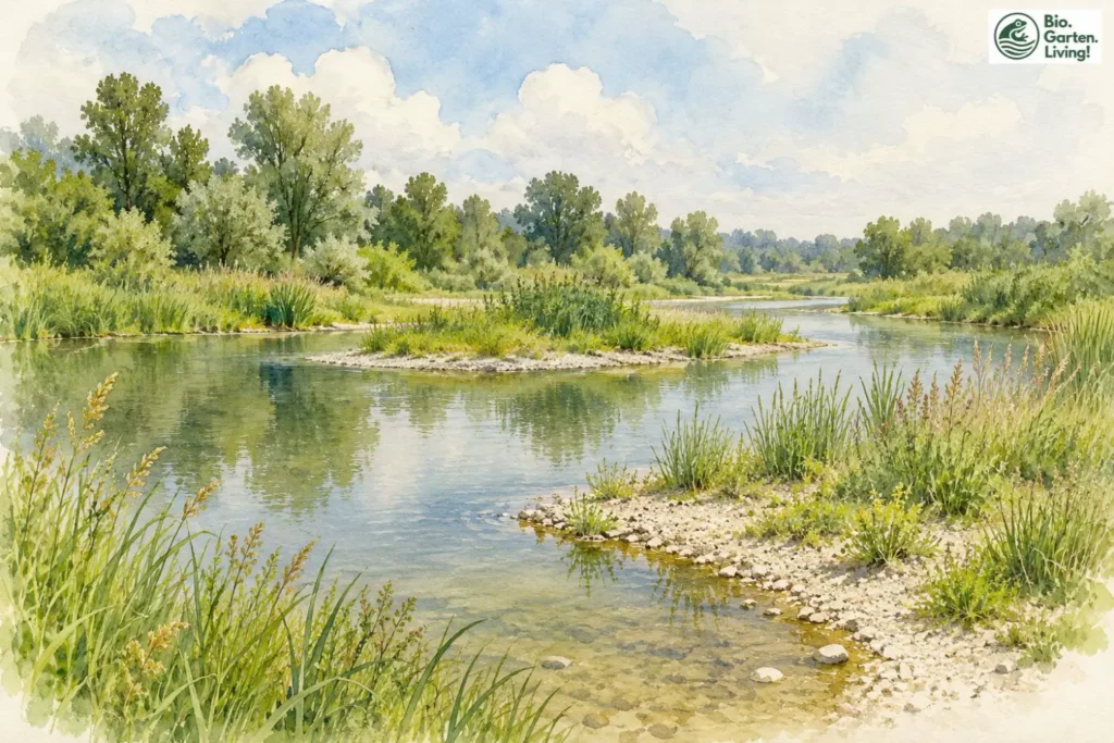 Naturnahes Feuchtgebiet mit Wasser, Schilf und bewachsenen Ufern