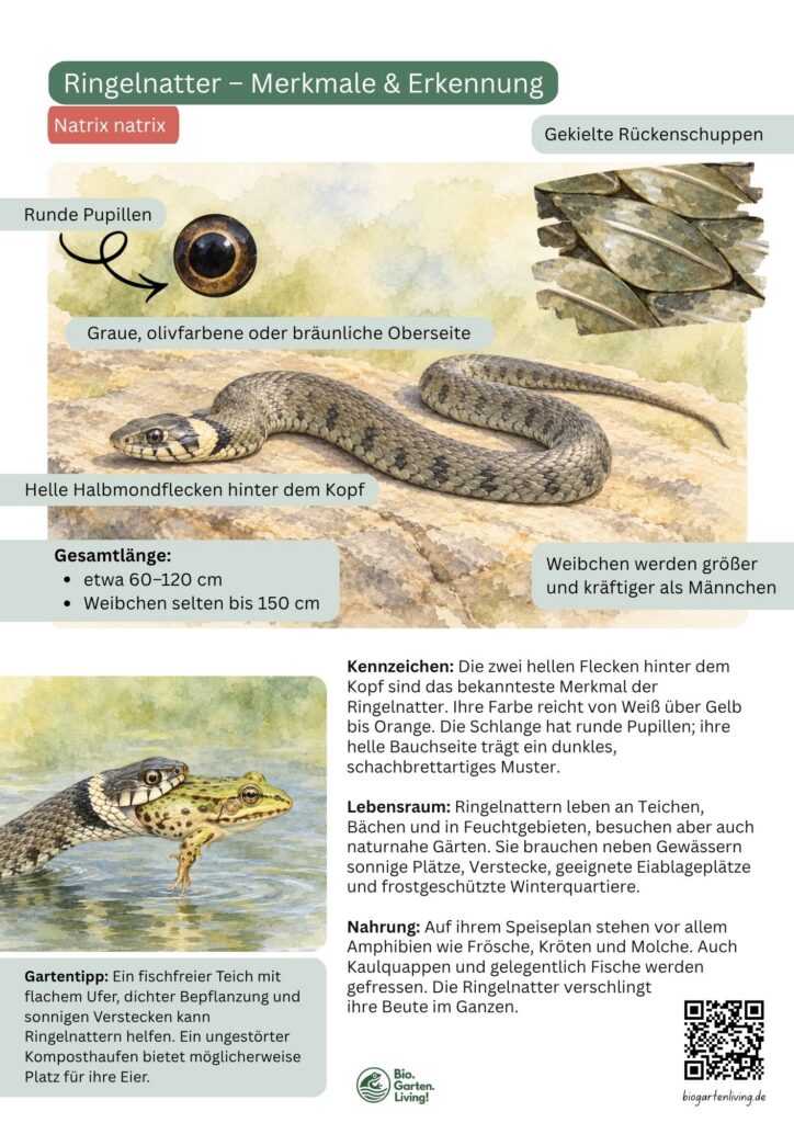 Aquarell-Steckbrief einer Ringelnatter mit hellen Nackenflecken, runden Pupillen und gekielten Rückenschuppen
