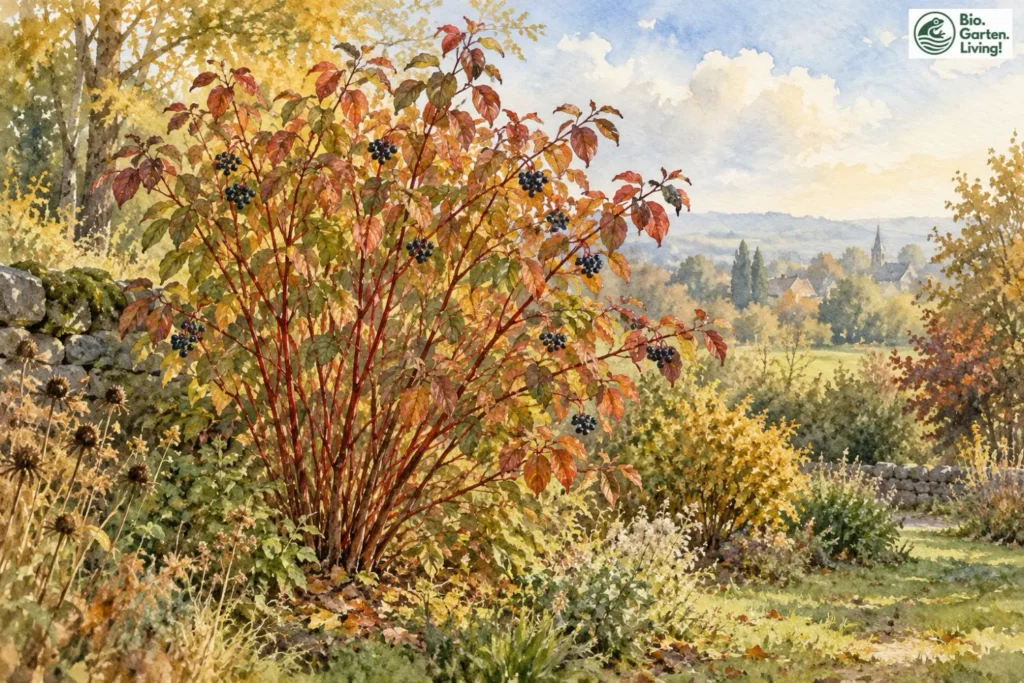 Roter Hartriegel mit Herbstlaub und dunklen Früchten im Garten als Aquarell