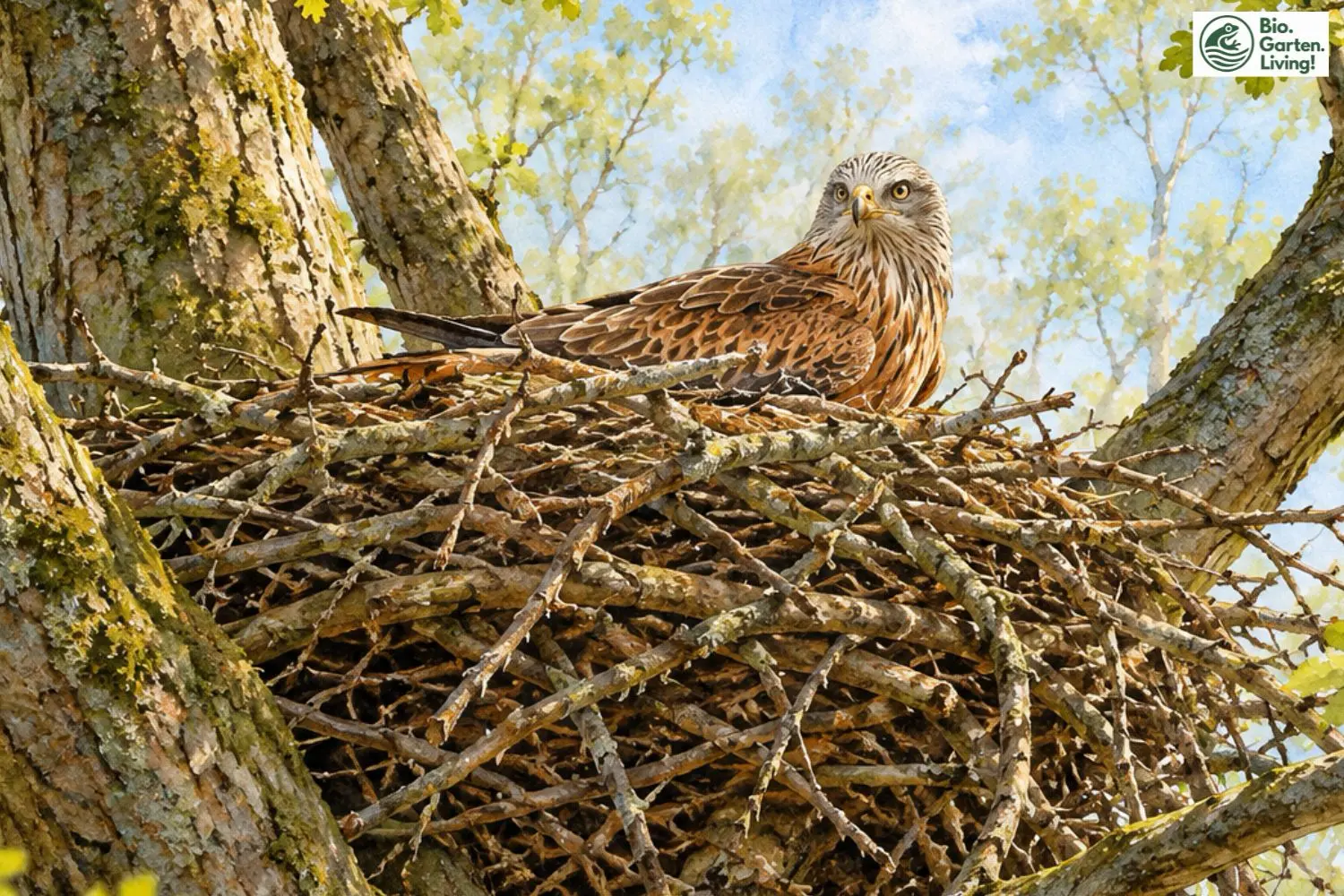 Rotmilan sitzt in seinem aus Zweigen gebauten Horst in einer Baumgabel
