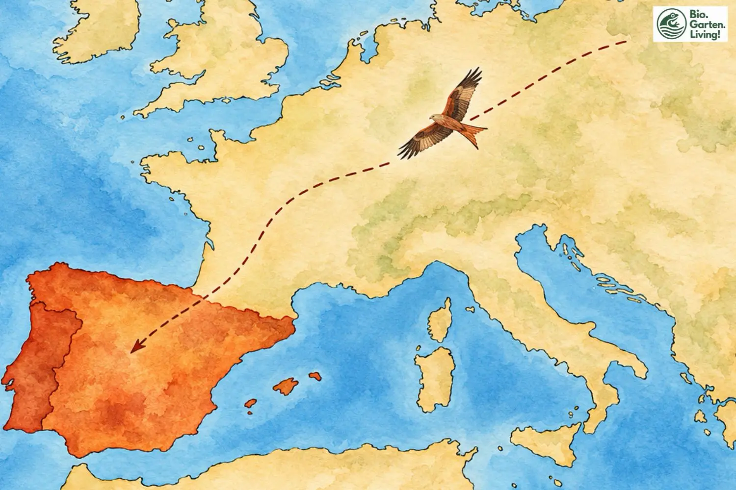 Aquarellkarte mit Zugroute des Rotmilans von Mitteleuropa zur Iberischen Halbinsel