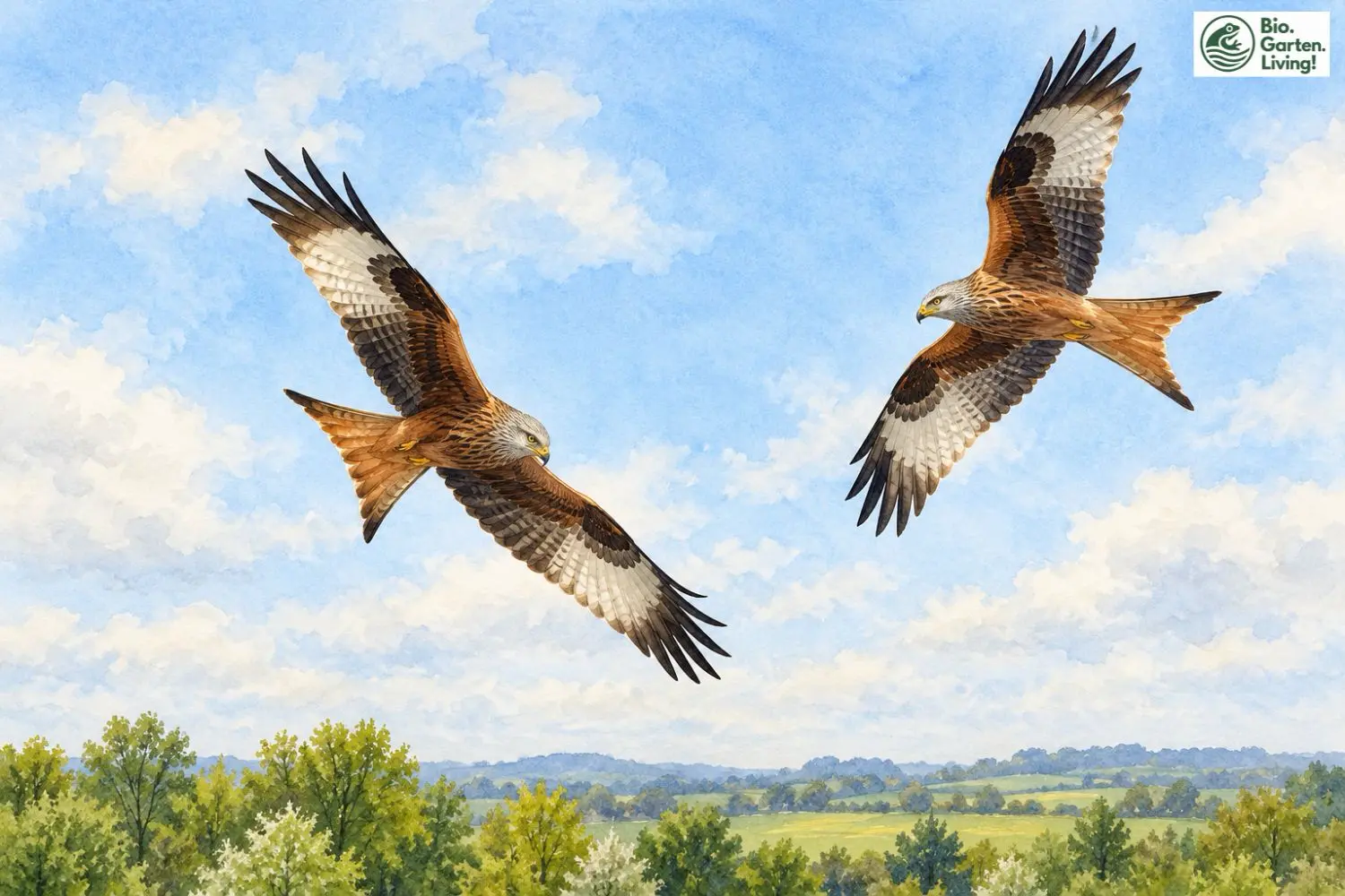 Zwei Rotmilane fliegen während der Balz über einer offenen Landschaft