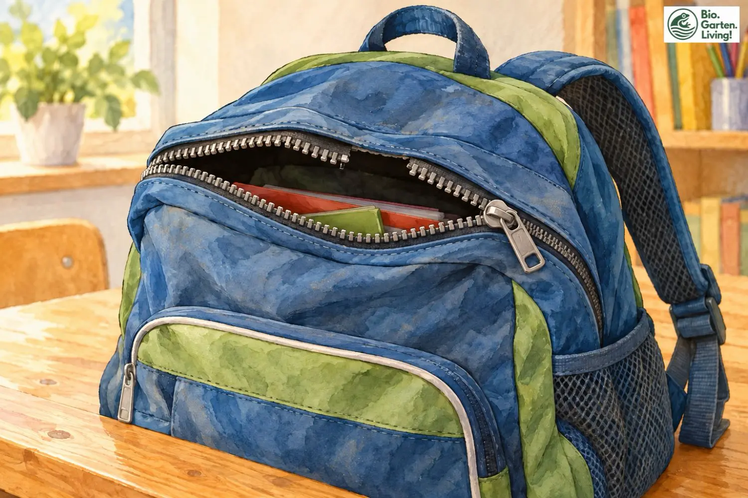 Blauer Schulrucksack mit geöffnetem, beschädigtem Reißverschluss auf einem Tisch.