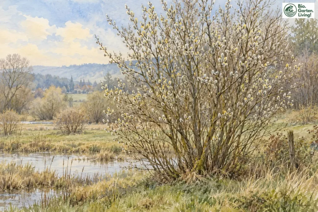 Sal-Weide mit silbrigen Kätzchen an einer feuchten Wiese als Aquarell