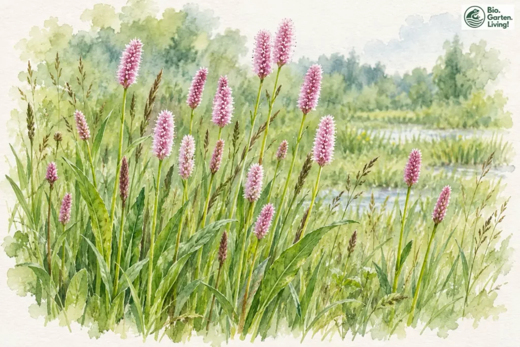 Schlangen-Wiesenknöterich mit rosafarbenen Blütenähren auf einer feuchten Wiese als Aquarellillustration