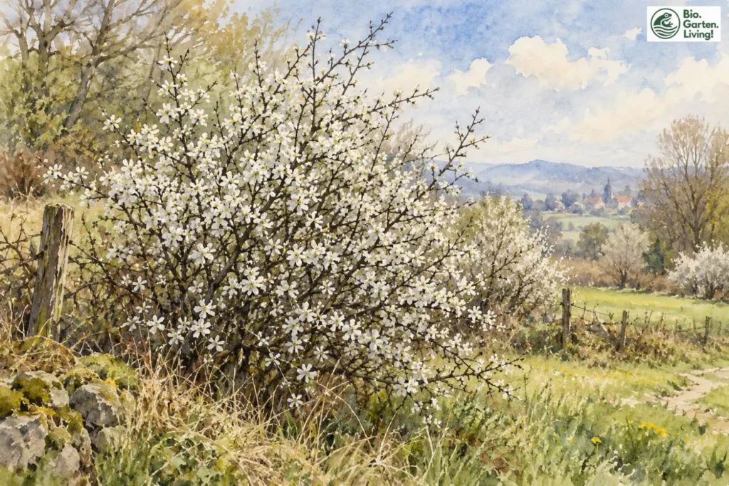 Blühende Schlehe mit weißen Blüten in einer naturnahen Hecke als Aquarell