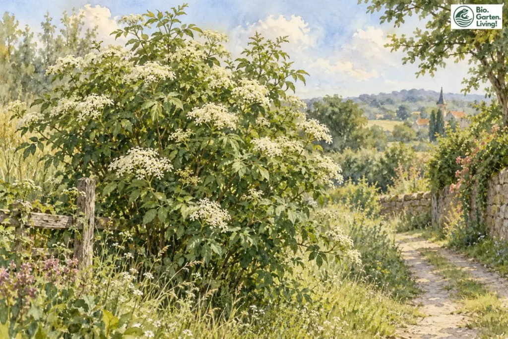 Blühender Schwarzer Holunder an einem Gartenweg als Aquarell