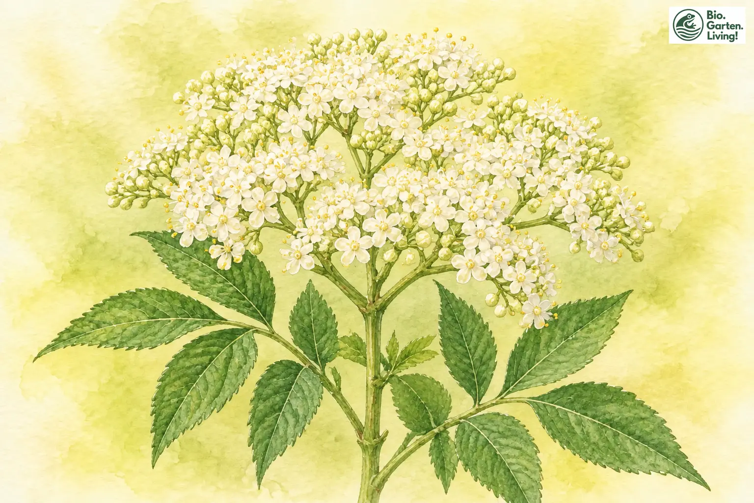 Aquarell des Schwarzen Holunders mit flachen weißen Blütendolden und gefiederten Blättern