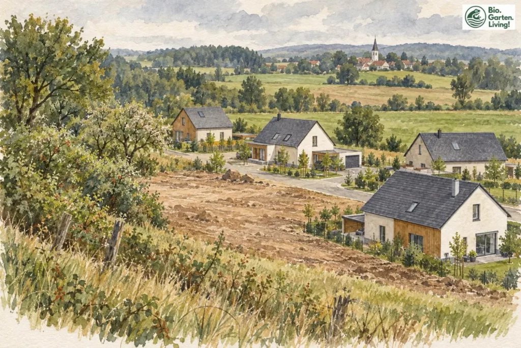 Aquarell: Neue Wohnhäuser stehen neben einer gerodeten Fläche am Rand einer Hecke.