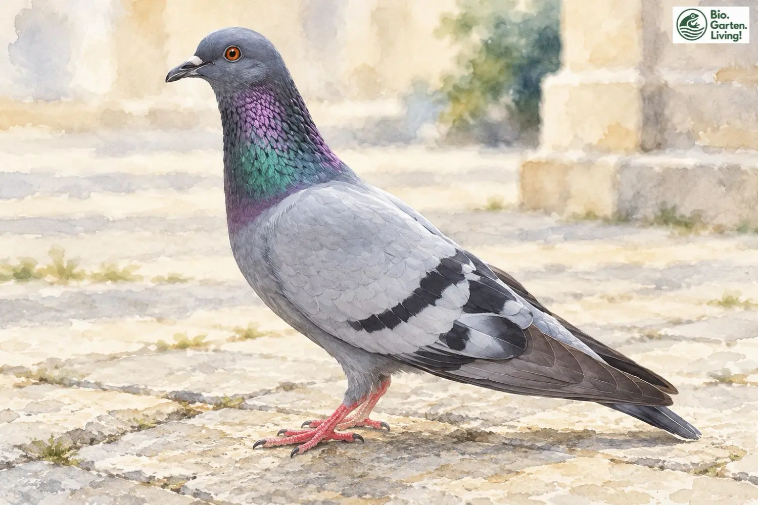 Graue Stadttaube auf einem gepflasterten Platz mit grün-violett schimmerndem Halsgefieder.