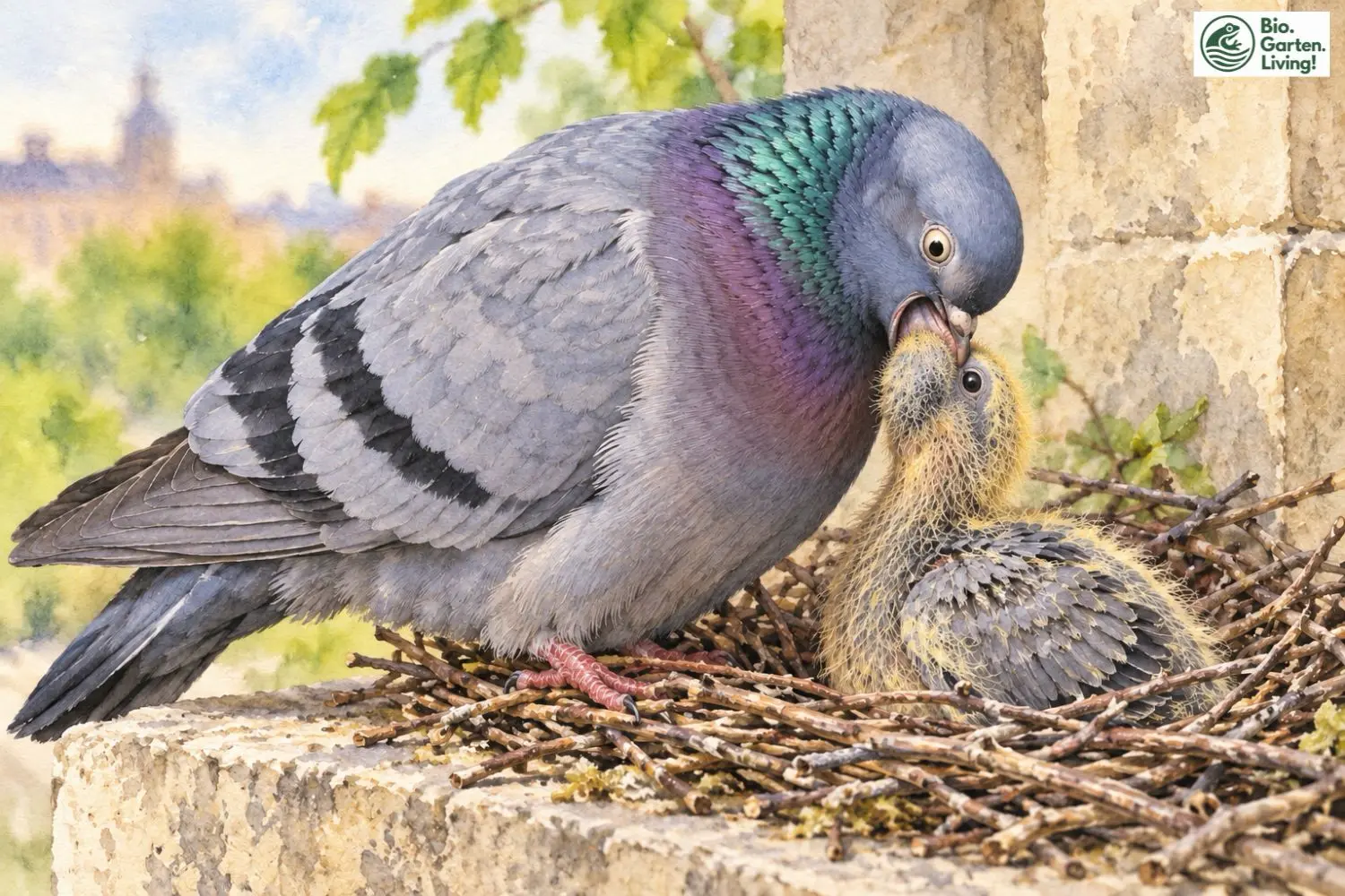 Stadttaube füttert ein Junges im Nest; der Schnabel des Kükens steckt im geöffneten Schnabel des Altvogels.