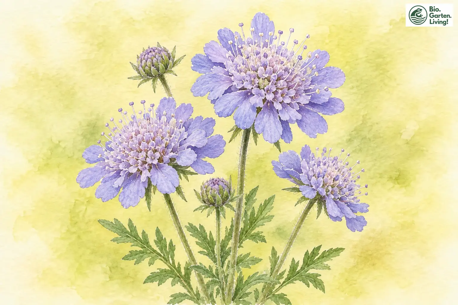 Aquarell der Tauben-Skabiose mit hellvioletten Blütenköpfen auf schlanken Stielen