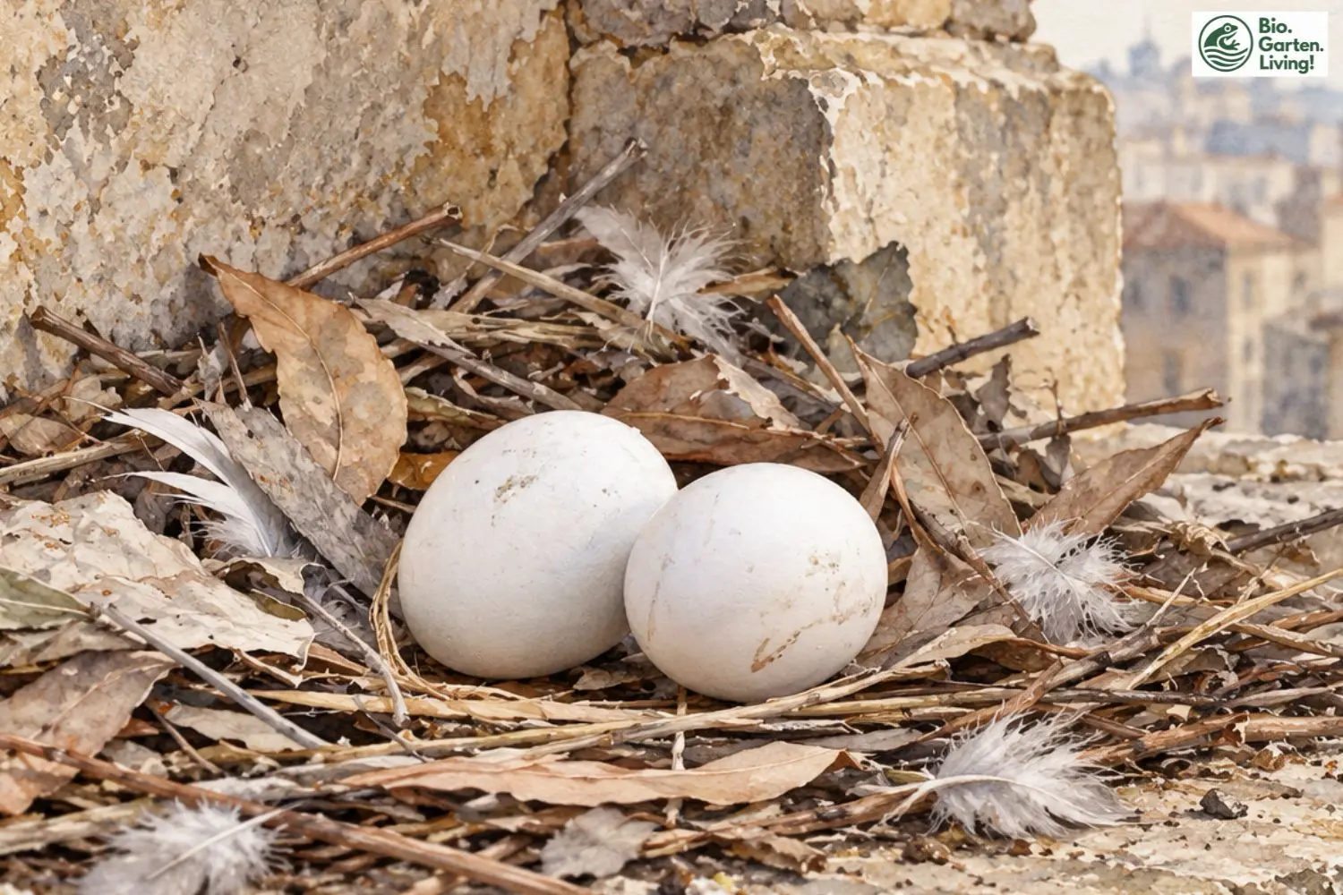 Zwei weiße Taubeneier in einem Nest aus Zweigen, Blättern und Federn auf einem Mauervorsprung.