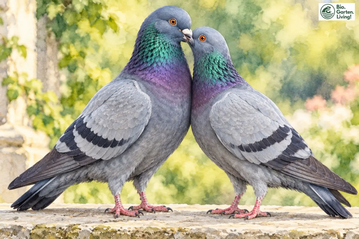 Zwei Stadttauben stehen eng beieinander und berühren sich mit den Schnäbeln.