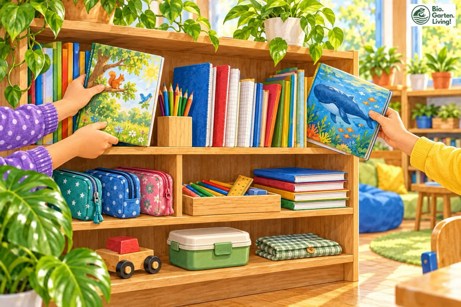 Tauschregal mit Büchern, Schulmaterialien und Pausenbox