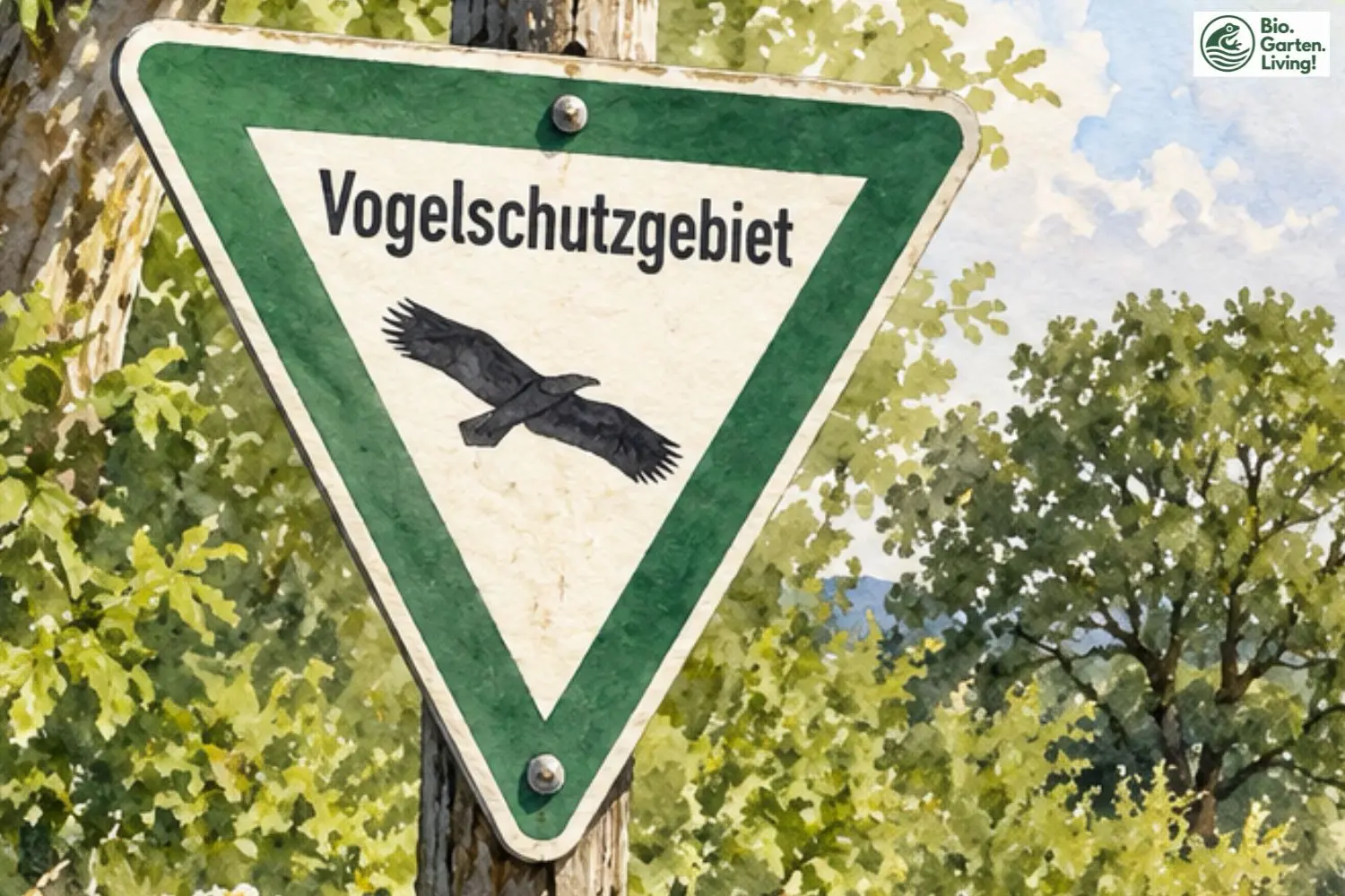 Grün-weißes Schild mit der Aufschrift Vogelschutzgebiet vor einer offenen Landschaft