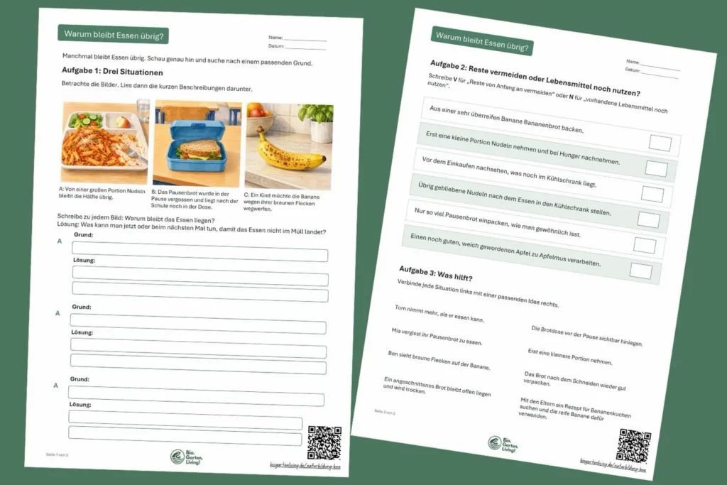 Vorschau auf das Arbeitsblatt „Warum bleibt Essen übrig?“ mit Aufgaben zu Nudelportionen, Pausenbrot und einer Banane.