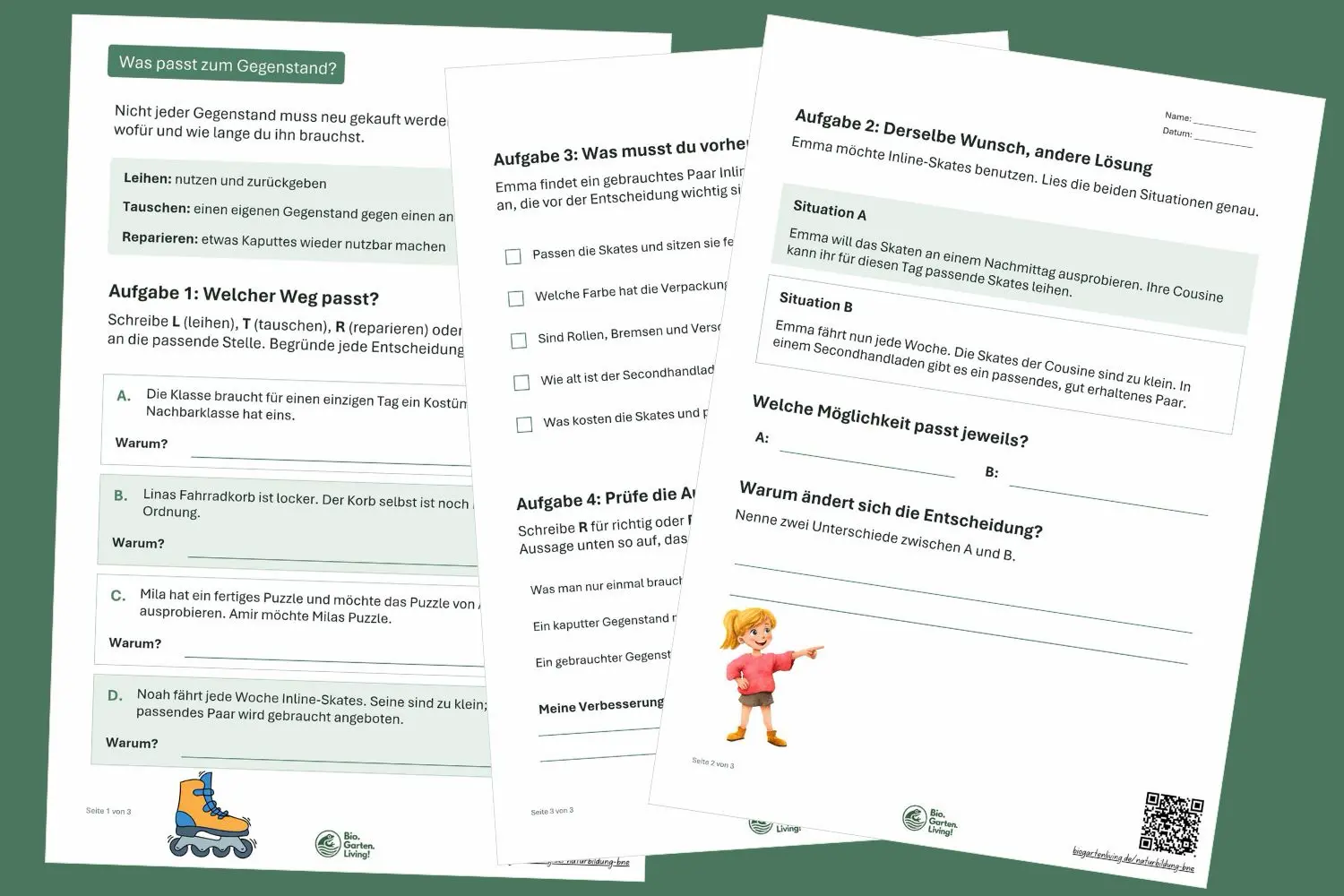 Vorschau auf das dreiseitige Arbeitsblatt Was passt zum Gegenstand mit Aufgaben zum Leihen, Tauschen und Reparieren.