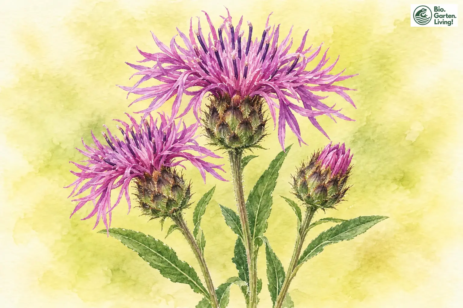 Aquarell der Wiesen-Flockenblume mit purpurfarbenen Blütenköpfen