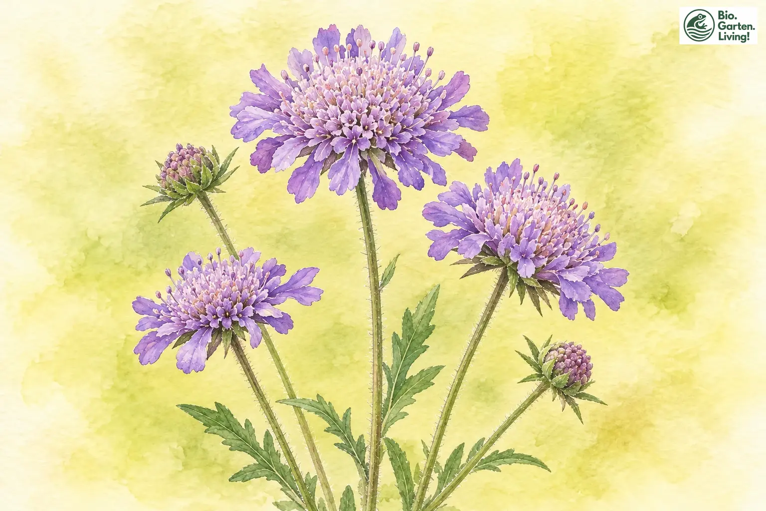 Aquarell der Wiesen-Witwenblume mit lila Blütenköpfen und grünen Blättern