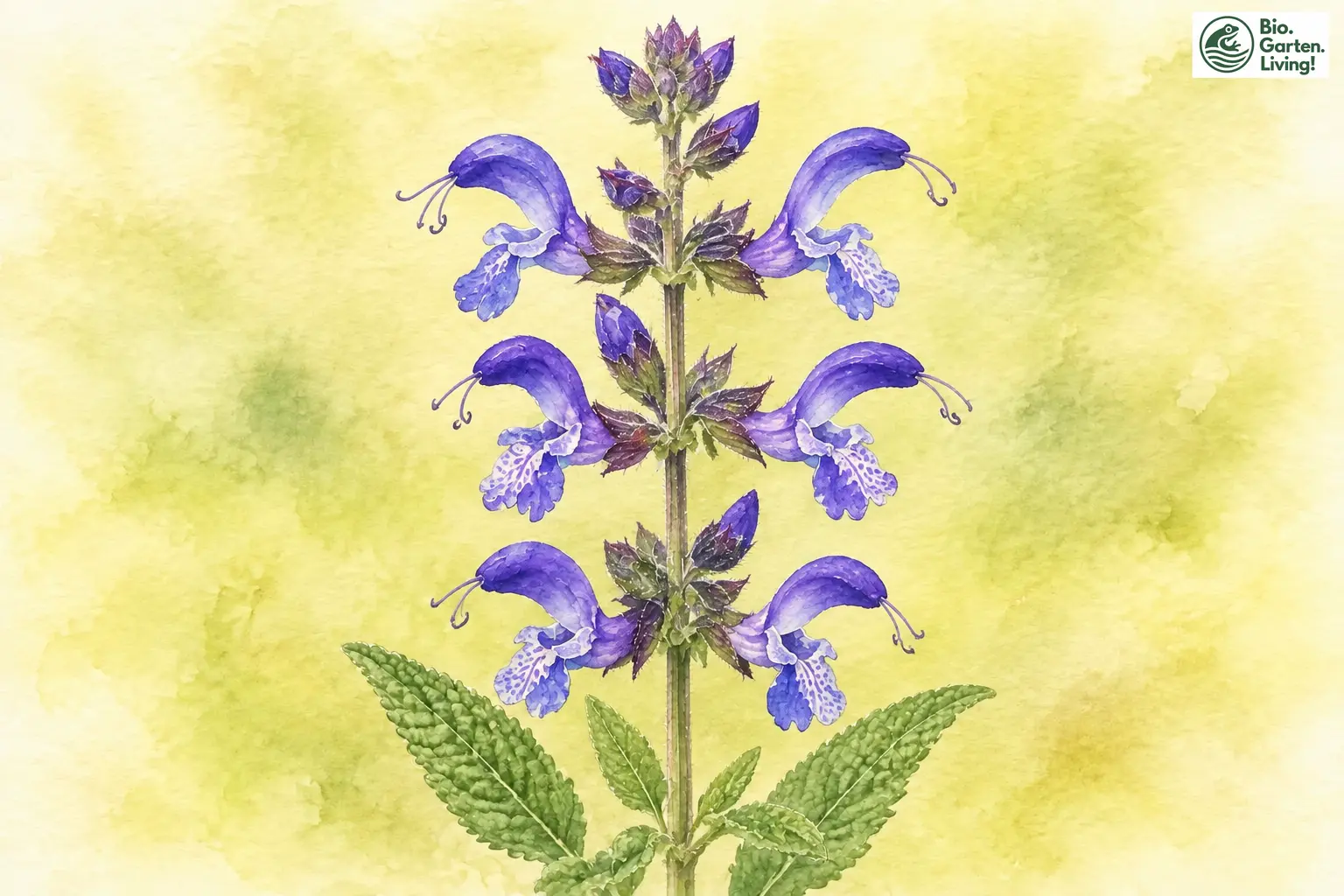 Aquarell des Wiesensalbeis mit blauvioletten Lippenblüten an einer Blütenähre