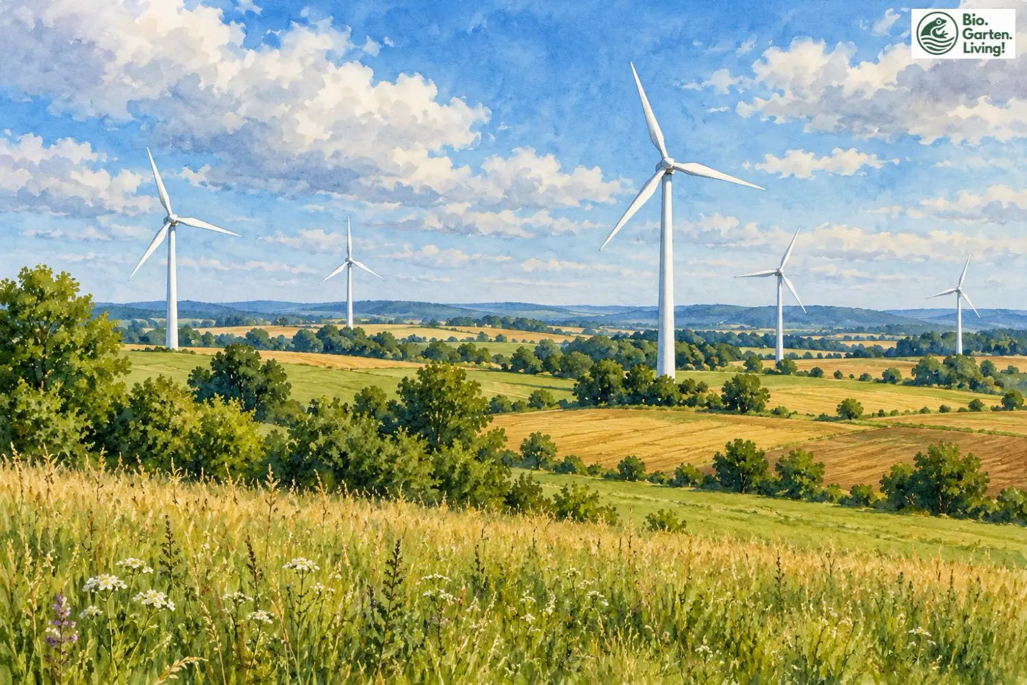 Mehrere Windenergieanlagen in einer offenen Landschaft mit Feldern und Wiesen