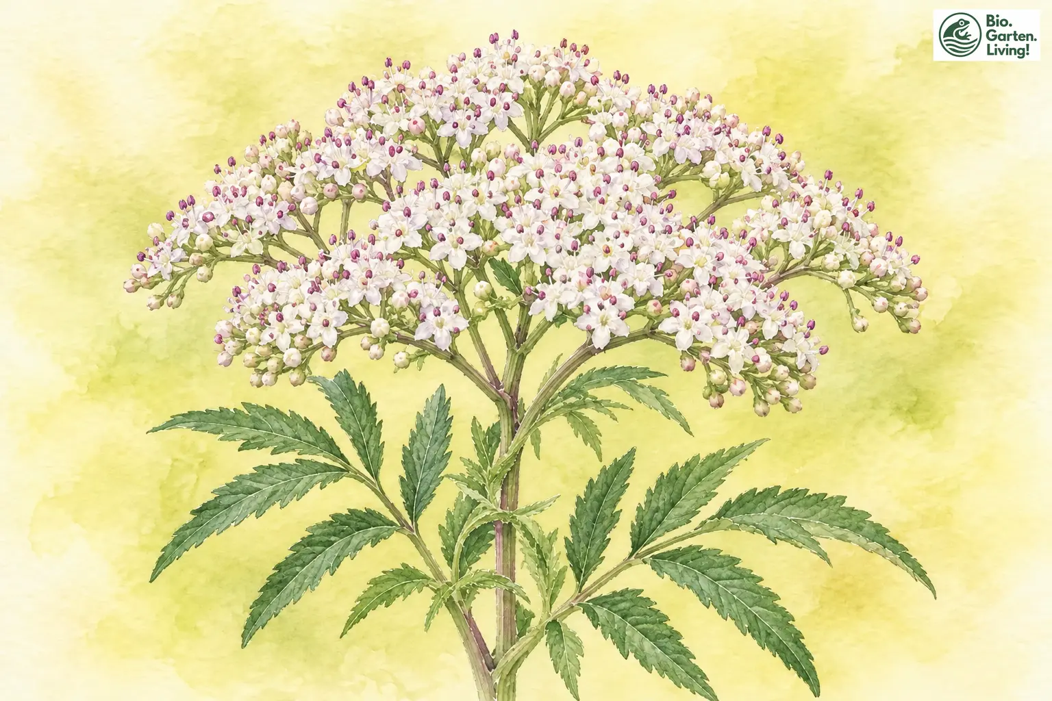 Aquarell des Zwerg-Holunders mit weißen Blütendolden und gefiederten Blättern